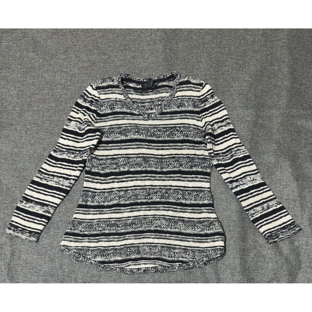 Style & Co Womens XL Sweater Black White Striped V-Neck Long Sleeve Cotton Blend